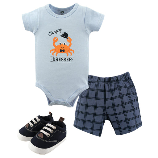 Hudson Baby Infant Boy Cotton Bodysuit, Shorts and Shoe 3 Piece Set, Crab