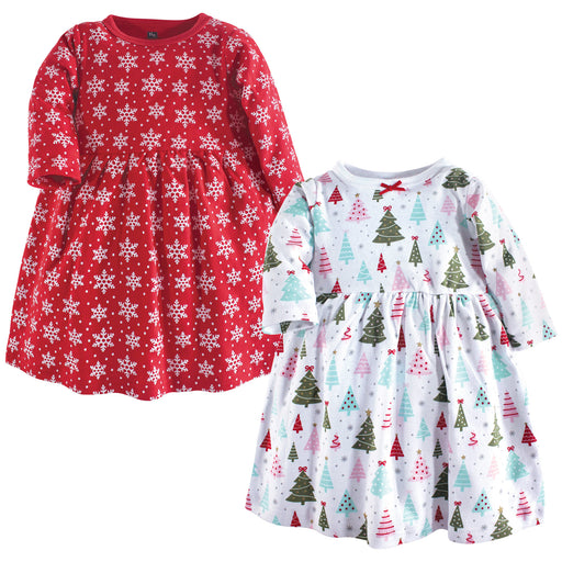 Hudson Baby Infant and Toddler Girl Long-Sleeve Cotton Dresses 2 Pack, Sparkle Trees