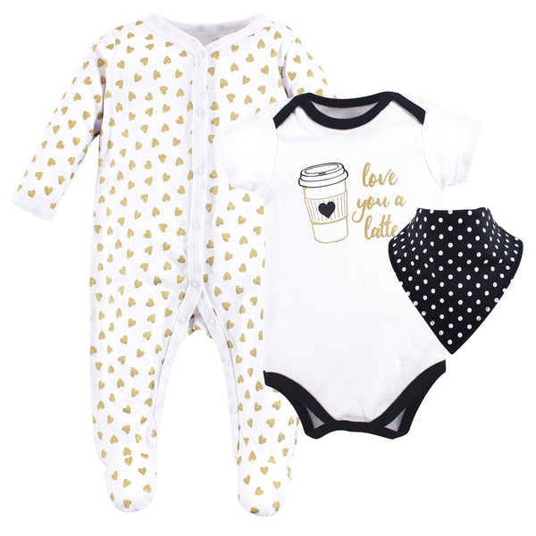 Hudson Baby Infant Girl Cotton Sleep and Play, Bodysuit and Bandana Bib Set, Latte