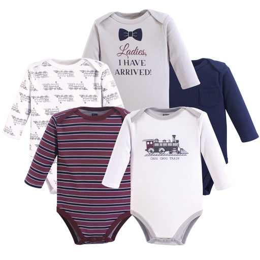 Hudson Baby Infant Boy Cotton Long-Sleeve Bodysuits 5 Pack, Train
