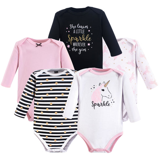 Hudson Baby Infant Girl Cotton Long-Sleeve Bodysuits 5-pack, Sparkle Unicorn