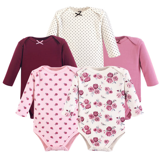 Hudson Baby Infant Girl Cotton Long-Sleeve Bodysuits 5-pack, Rose