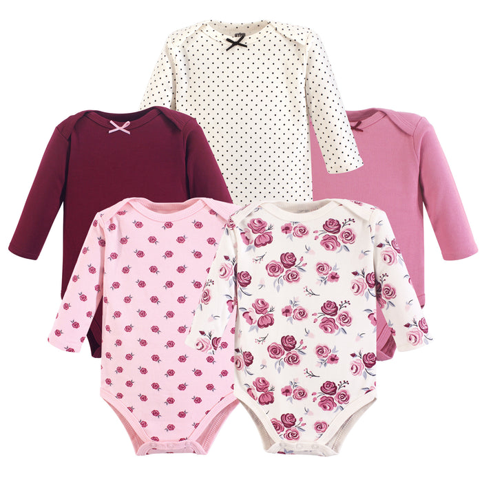 Hudson Baby Infant Girl Cotton Long-Sleeve Bodysuits 5-pack, Rose