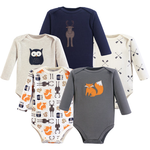 Hudson Baby Infant Boy Cotton Long-Sleeve Bodysuits 5 Pack, Forest