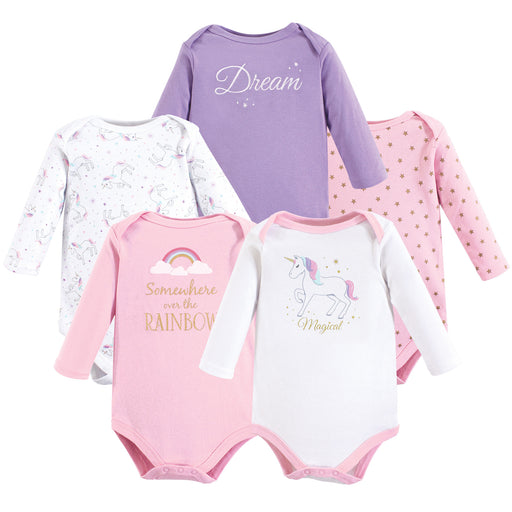 Hudson Baby Infant Girl Cotton Long-Sleeve Bodysuits 5-pack, Magical Unicorn