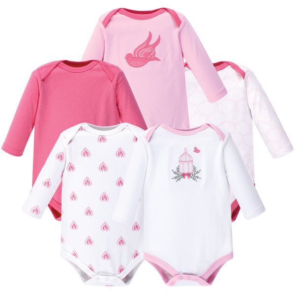 Hudson Baby Infant Girl Cotton Long-Sleeve Bodysuits 5-pack, Bird Cage