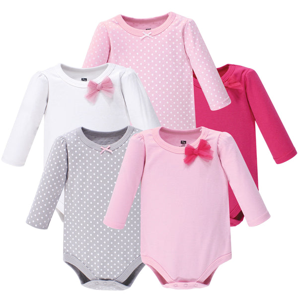 Hudson Baby Infant Girl Cotton Long-Sleeve Bodysuits 5-pack, Basic Bow