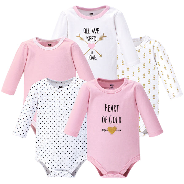 Hudson Baby Infant Girl Cotton Long-Sleeve Bodysuits 5-pack, Heart