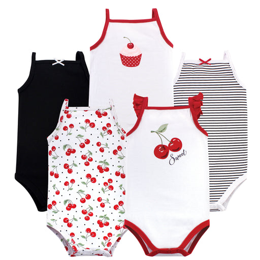 Hudson Baby Infant Girl Cotton Sleeveless Bodysuits 5 Pack, Cherries