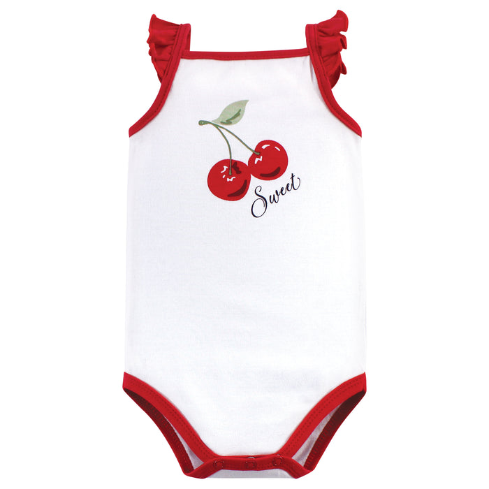 Hudson Baby Infant Girl Cotton Sleeveless Bodysuits 5 Pack, Cherries