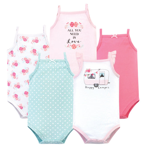 Hudson Baby Infant Girl Cotton Sleeveless Bodysuits 5 Pack, Pink Happy Camper