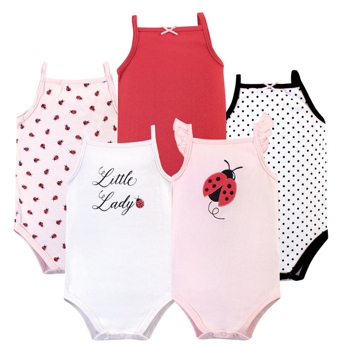 Hudson Baby Infant Girl Cotton Sleeveless Bodysuits 5 Pack, Ladybug