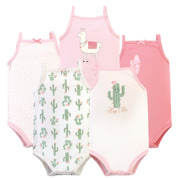 Hudson Baby Infant Girl Cotton Sleeveless Bodysuits 5 Pack, Pink Cactus