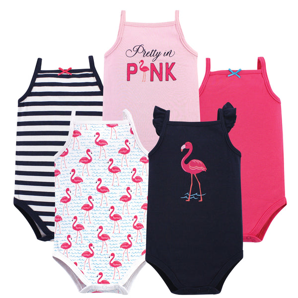 Hudson Baby Infant Girl Cotton Sleeveless Bodysuits 5 Pack, Bright Flamingo