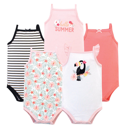 Hudson Baby Infant Girl Cotton Sleeveless Bodysuits 5 Pack, Tropical Toucan