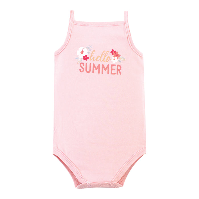 Hudson Baby Infant Girl Cotton Sleeveless Bodysuits 5 Pack, Tropical Toucan