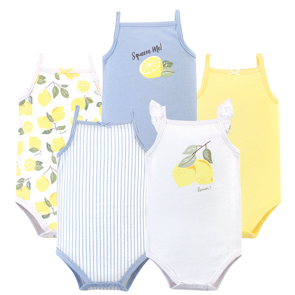 Hudson Baby Infant Girl Cotton Sleeveless Bodysuits 5 Pack, Lemon