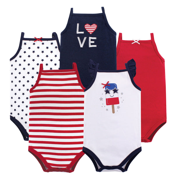 Hudson Baby Infant Girl Cotton Sleeveless Bodysuits 5 Pack, Shining Stars Stripes