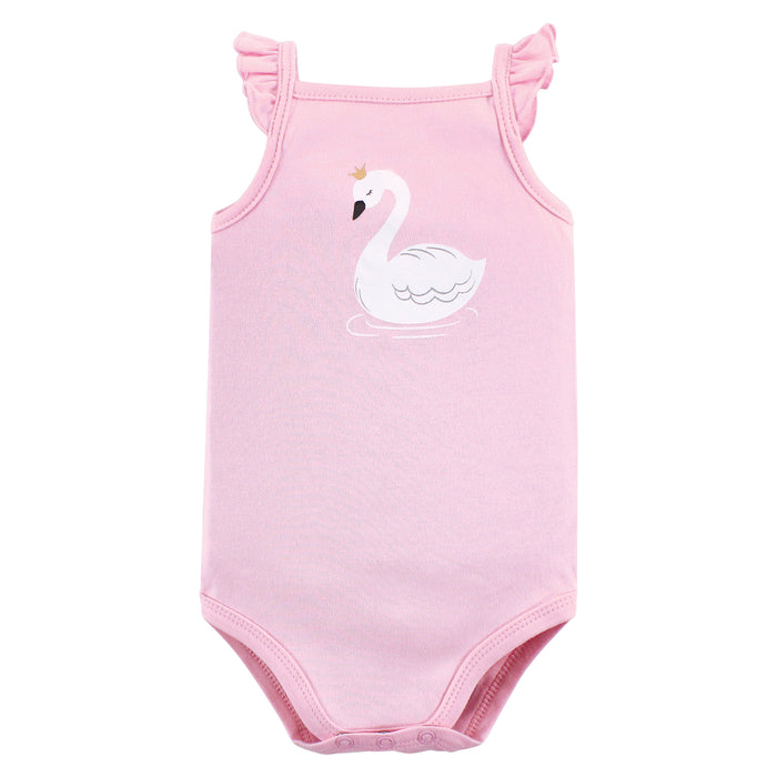 Hudson Baby Infant Girl Cotton Sleeveless Bodysuits 5 Pack, Swan