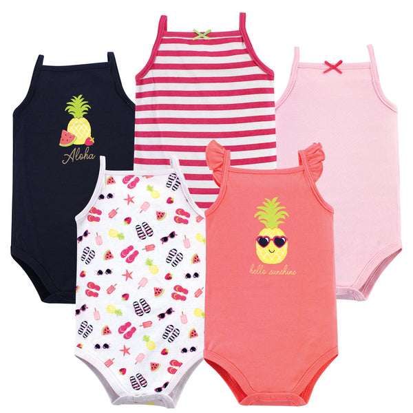 Hudson Baby Infant Girl Cotton Sleeveless Bodysuits 5 Pack, Hello Sunshine