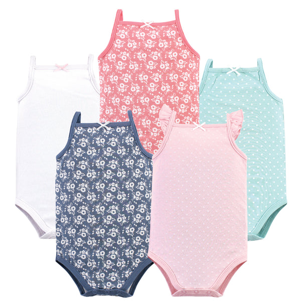 Hudson Baby Infant Girl Cotton Sleeveless Bodysuits 5 Pack, Basic Dot Floral