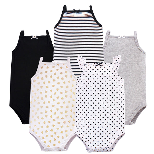 Hudson Baby Infant Girl Cotton Sleeveless Bodysuits 5 Pack, Basic Black Gold