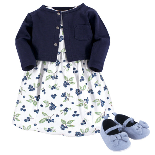 Hudson Baby Infant Girl Cotton Dress, Cardigan and Shoe 3 Piece Set, Blueberries