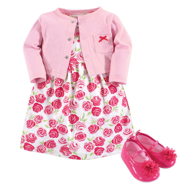 Hudson Baby Infant Girl Cotton Dress, Cardigan and Shoe 3 Piece Set, Pink Roses