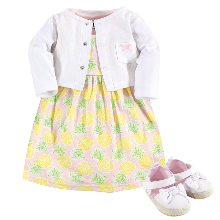 Hudson Baby Infant Girl Cotton Dress, Cardigan and Shoe 3 Piece Set, Pineapple