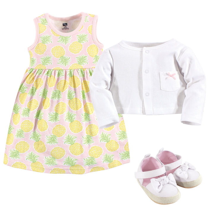 Hudson Baby Infant Girl Cotton Dress, Cardigan and Shoe 3 Piece Set, Pineapple