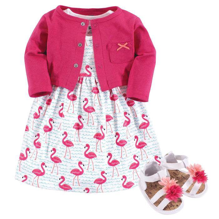 Hudson Baby Infant Girl Cotton Dress, Cardigan and Shoe 3 Piece Set, Bright Flamingo