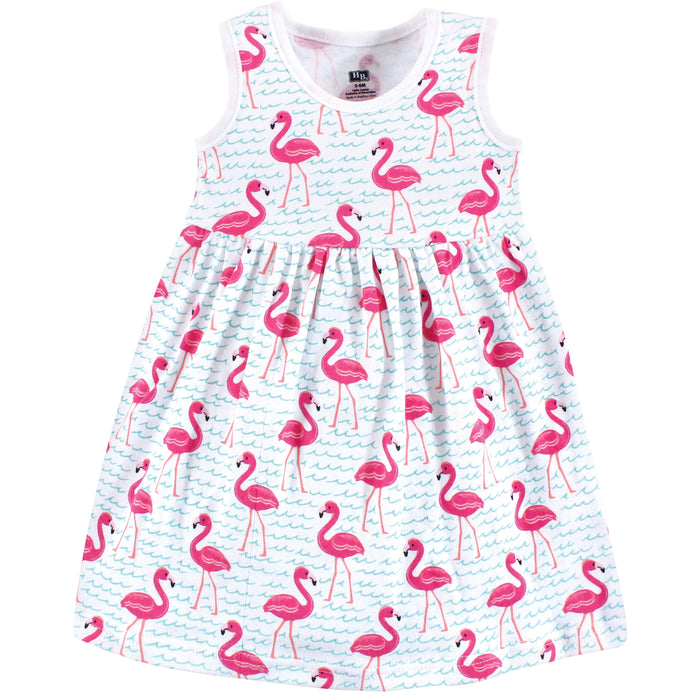 Hudson Baby Infant Girl Cotton Dress, Cardigan and Shoe 3 Piece Set, Bright Flamingo