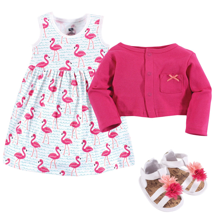 Hudson Baby Infant Girl Cotton Dress, Cardigan and Shoe 3 Piece Set, Bright Flamingo