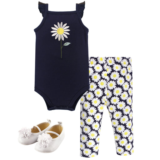 Hudson Baby Infant Girl Cotton Bodysuit, Pant and Shoe 3 Piece Set, Daisy