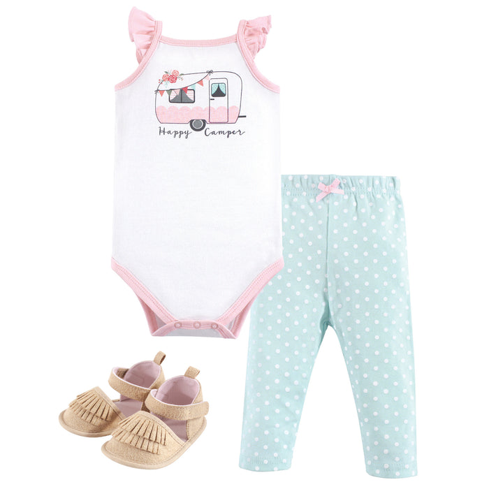 Hudson Baby Infant Girl Cotton Bodysuit, Pant and Shoe 3 Piece Set, Pink Happy Camper