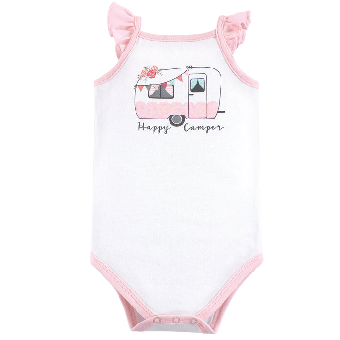 Hudson Baby Infant Girl Cotton Bodysuit, Pant and Shoe 3 Piece Set, Pink Happy Camper