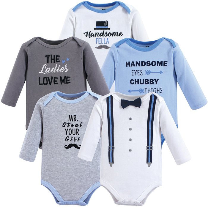 Hudson Baby Infant Boy Cotton Long-Sleeve Bodysuits 5 Pack, Handsome Fella