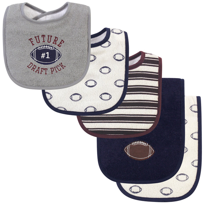 Hudson Baby Infant Boy Cotton Terry Bib and Burp Cloth Set 5 Pack, Football
