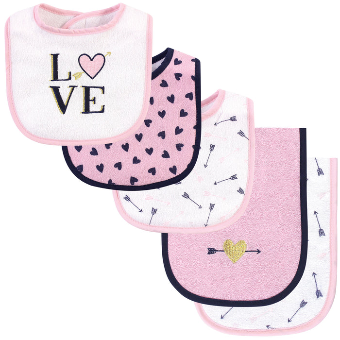 Hudson Baby Infant Girl Cotton Terry Bib and Burp Cloth Set 5 Pack, Love, One Size