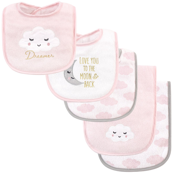 Hudson Baby Infant Girl Cotton Terry Bib and Burp Cloth Set 5 Pack, Dreamer, One Size