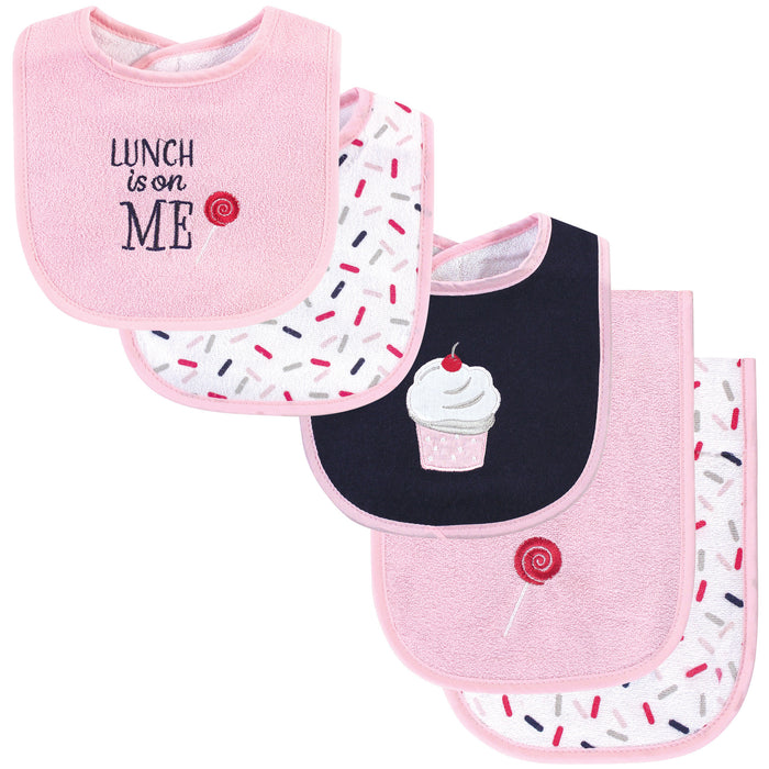 Hudson Baby Infant Girl Cotton Terry Bib and Burp Cloth Set 5 Pack, Cupcake, One Size