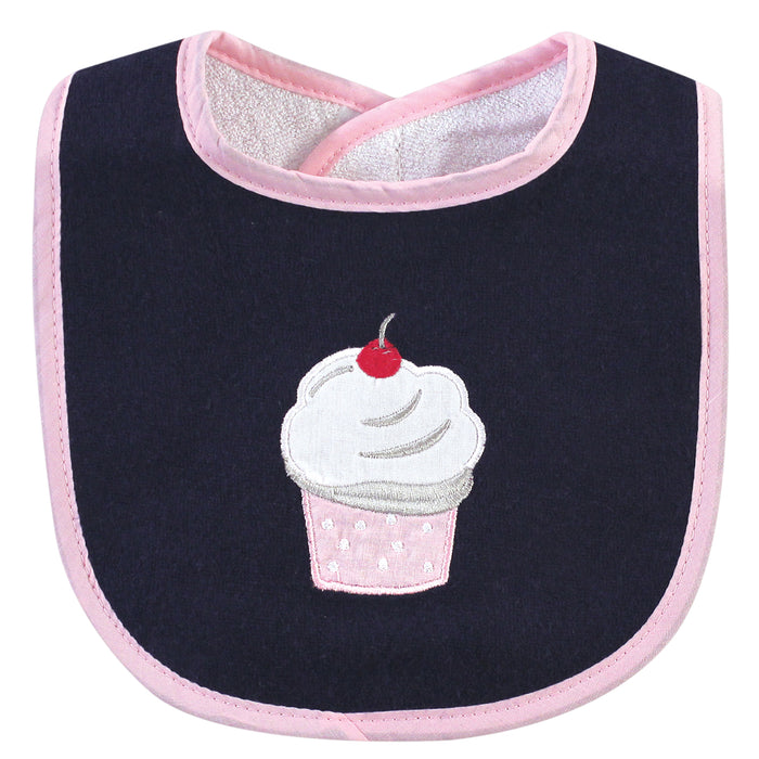 Hudson Baby Infant Girl Cotton Terry Bib and Burp Cloth Set 5 Pack, Cupcake, One Size