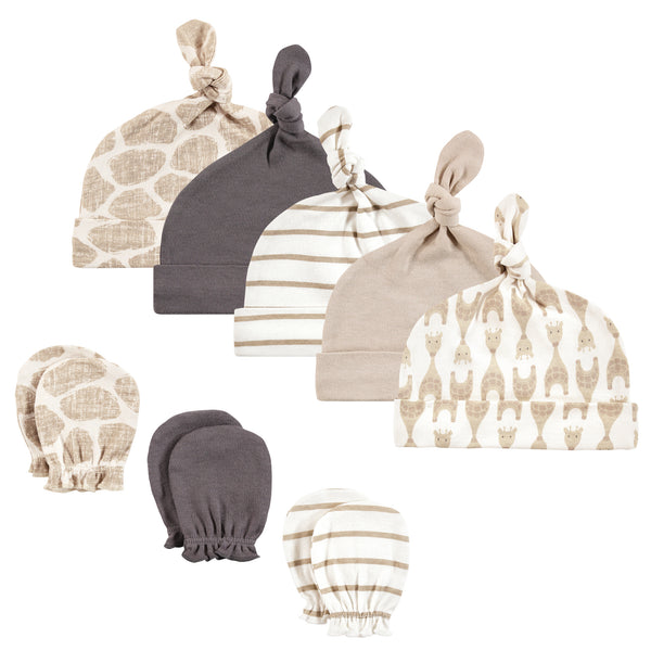 Hudson Baby Cotton Cap and Scratch Mitten Set, Modern Giraffe, 0-6 Months