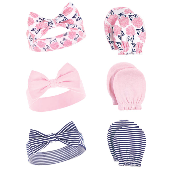 Hudson Baby Cotton Headband and Scratch Mitten 6 Piece Set, Navy Pink Floral