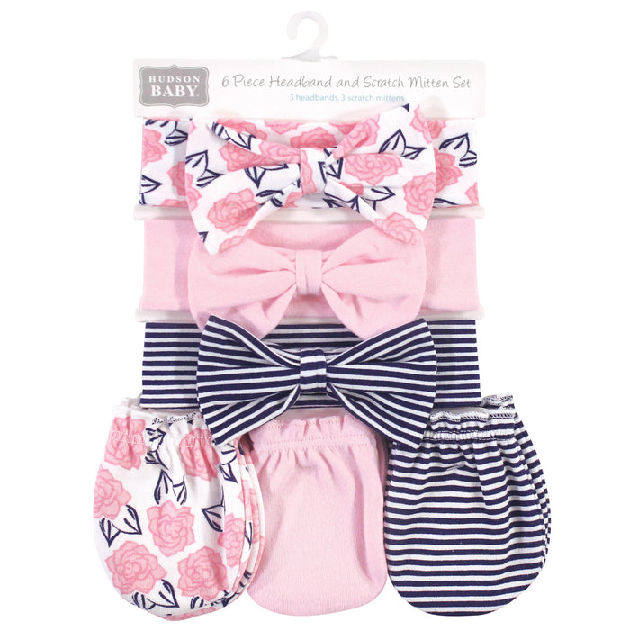 Hudson Baby Cotton Headband and Scratch Mitten 6 Piece Set, Navy Pink Floral