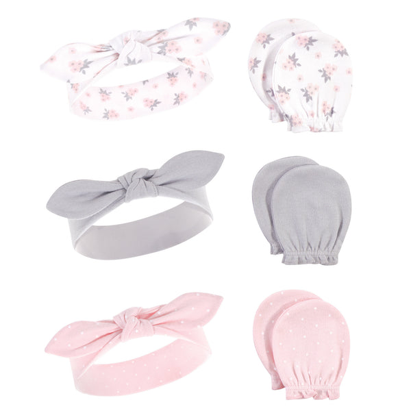 Hudson Baby Cotton Headband and Scratch Mitten 6 Piece Set, Pink Gray Floral