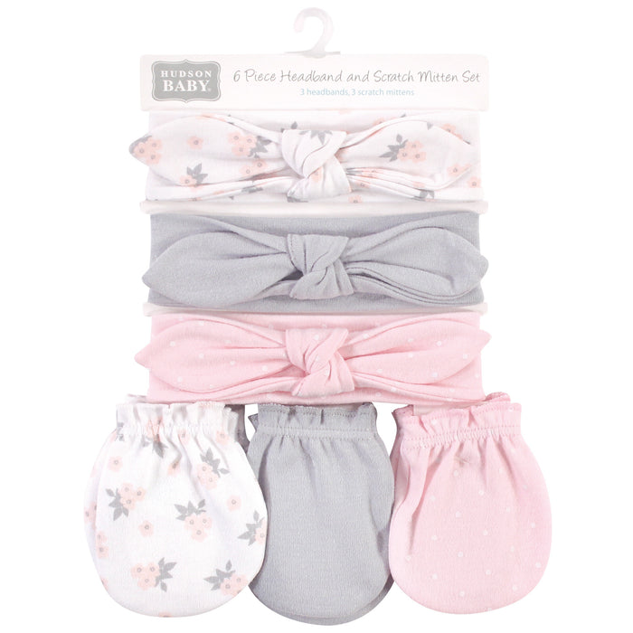 Hudson Baby Cotton Headband and Scratch Mitten 6 Piece Set, Pink Gray Floral