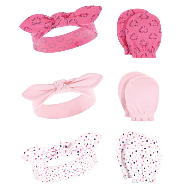 Hudson Baby Cotton Headband and Scratch Mitten 6 Piece Set, Navy Hearts