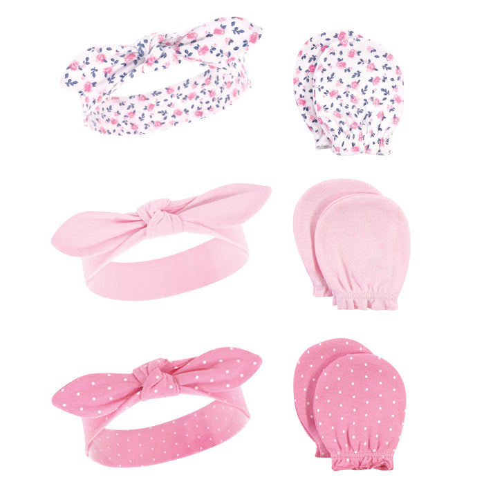 Hudson Baby Cotton Headband and Scratch Mitten 6 Piece Set, Blue Pink Floral