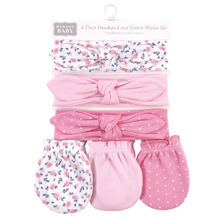 Hudson Baby Cotton Headband and Scratch Mitten 6 Piece Set, Blue Pink Floral